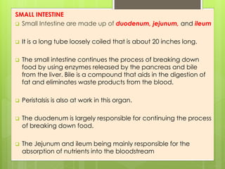 SMALL INTESTINE
 Small Intestine are made up of duodenum, jejunum, and ileum
 It is a long tube loosely coiled that is about 20 inches long.
 The small intestine continues the process of breaking down
food by using enzymes released by the pancreas and bile
from the liver. Bile is a compound that aids in the digestion of
fat and eliminates waste products from the blood.
 Peristalsis is also at work in this organ.
 The duodenum is largely responsible for continuing the process
of breaking down food.
 The Jejunum and ileum being mainly responsible for the
absorption of nutrients into the bloodstream
 