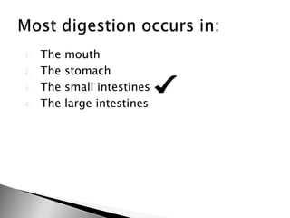 1. The mouth
2. The stomach
3. The small intestines
4. The large intestines
 