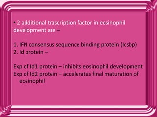 • 2 additional trascription factor in eosinophil
development are –
1. IFN consensus sequence binding protein (Icsbp)
2. Id protein –
Exp of Id1 protein – inhibits eosinophil development
Exp of Id2 protein – accelerates final maturation of
eosinophil
 