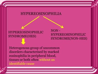 HYPEREOSINOPHILIA
HYPEREOSINOPHILIC
SYNDROME(HES)
NON -
HYPEREOSINOPHILIC
SYNDROME(NON-HES)
Heterogenous group of uncommon
disorders characterised by marked
eosinophilia in peripheral blood,
tissues or both often without an
identifiable cause
 