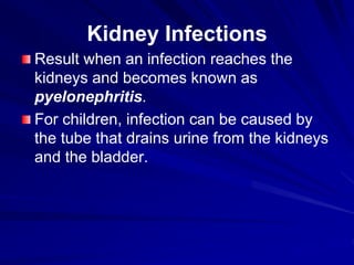 Kidney Infections
Result when an infection reaches the
kidneys and becomes known as
pyelonephritis.
For children, infection can be caused by
the tube that drains urine from the kidneys
and the bladder.
 
