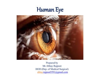 Human Eye
Prepared by
Mr.Abhay Rajpoot
HOD (Dep. of Medical Surgical)
abhayrajpoot5591@gmail.com
 