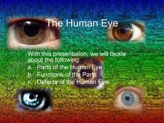 The Human Eye
With this presentation, we will tackle
about the following:
a. Parts of the Human Eye
b. Functions of the Parts
c. Defects of the Human Eye
 