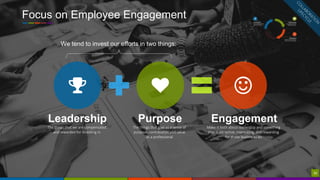 30
Focus on Employee Engagement
30
The things that give us a sense of
purpose, contribution and value
as a professional
Purpose
Make it both about leadership and something
that is attractive, interesting, and rewarding
for those leaders to do
Engagement
The things that we are compensated
and rewarded for investing in
Leadership
We tend to invest our efforts in two things:
 