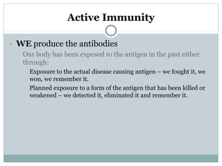Active Immunity
- WE produce the antibodies
- Our body has been exposed to the antigen in the past either
through:
- Exposure to the actual disease causing antigen – we fought it, we
won, we remember it.
- Planned exposure to a form of the antigen that has been killed or
weakened – we detected it, eliminated it and remember it.
 