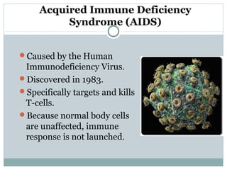 Acquired Immune Deficiency
Syndrome (AIDS)
Caused by the Human
Immunodeficiency Virus.
Discovered in 1983.
Specifically targets and kills
T-cells.
Because normal body cells
are unaffected, immune
response is not launched.
 
