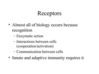 • Almost all of biology occurs because
recognition
– Enzymatic action
– Interactions between cells
(cooperation/activation)
– Communication between cells
• Innate and adaptive immunity requires it
Receptors
 