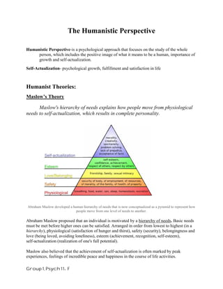 The Humanistic Perspective
Humanistic Perspective-is a psychological approach that focuses on the study of the whole
person, which includes the positive image of what it means to be a human, importance of
growth and self-actualization.
Self-Actualization- psychological growth, fulfillment and satisfaction in life

Humanist Theories:
Maslow’s Theory
Maslow's hierarchy of needs explains how people move from physiological
needs to self-actualization, which results in complete personality.

Abraham Maslow developed a human hierarchy of needs that is now conceptualized as a pyramid to represent how
people move from one level of needs to another.

Abraham Maslow proposed that an individual is motivated by a hierarchy of needs. Basic needs
must be met before higher ones can be satisfied. Arranged in order from lowest to highest (in a
hierarchy), physiological (satisfaction of hunger and thirst), safety (security), belongingness and
love (being loved, avoiding loneliness), esteem (achievement, recognition, self‐esteem),
self‐actualization (realization of one's full potential).
Maslow also believed that the achievement of self‐actualization is often marked by peak
experiences, feelings of incredible peace and happiness in the course of life activities.
Group 1, Psych 11- F

 