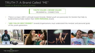 YOUTH VALUES + BRAND VALUES
MEANINGFUL CONNECTION
TRUTH 7: A Brand Called “ME”
Youth vs Brand as Status Symbol
28
• There is a major shift in attitude toward brands. Global youth are passionate for brands that help to
build/enhance/make better their OWN PERSONAL brand.
• “ARE YOU MY BEST FRIEND?”: brands/organizations must understand the mindset and personal goals
of this youth generation.
 