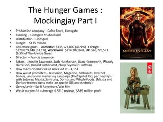 The Hunger Games :
Mockingjay Part I
• Production company – Color Force, Lionsgate
• Funding – Lionsgate Studio Fund
• Distribution – Lionsgate
• Budget – $125 million
• Box office gross – Domestic: $335,123,000 (46.9%) , Foreign:
$379,079,848 (53.1%), Worldwide: $714,202,848, UK: $46,770,593
(6.5% of Worldwide Gross)
• Director – Francis Lawrence
• Actors - Jennifer Lawrence, Josh Hutcherson, Liam Hemsworth, Woody
Harrelson, Donald Sutherland, Philip Seymour Hoffman
• How many cinemas was it released at – 4,151
• How was it promoted – Television, Magazine, Billboards, Internet
trailers, and a viral marketing campaign (TheCapitol.PN), partnerships
with Subway, Mazda, Samsung, Doritos and Whole Foods. (Mazda and
Doritos teamed up to make an app for iOS and Android).
• Genre/style – Sci-fi Adventure/War film
• Was it successful – Average 6.5/10 reviews, $589 million profit
 