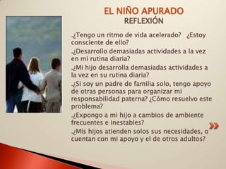 EL NIÑO APURADO
                 REFLEXIÓN
.¿Tengo un ritmo de vida acelerado? ¿Estoy
consciente de ello?
.¿Desarrollo demasiadas actividades a la vez
en mi rutina diaria?
.¿Mi hijo desarrolla demasiadas actividades a
la vez en su rutina diaria?
.¿Si soy un padre de familia solo, tengo apoyo
de otras personas para organizar mi
responsabilidad paterna? ¿Cómo resuelvo este
problema?
.¿Expongo a mi hijo a cambios de ambiente
frecuentes e inestables?
.¿Mis hijos atienden solos sus necesidades, o
cuentan con mi apoyo y el de otros adultos?
 