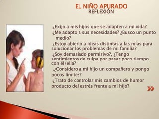 EL NIÑO APURADO
                 REFLEXIÓN


.¿Exijo a mis hijos que se adapten a mi vida?
.¿Me adapto a sus necesidades? ¿Busco un punto
   medio?
.¿Estoy abierto a ideas distintas a las mías para
solucionar los problemas de mi familia?
.¿Soy demasiado permisivo?, ¿Tengo
sentimientos de culpa por pasar poco tiempo
con él/ella?
 .¿Considero a mi hijo un compañero y pongo
pocos límites?
.¿Trato de controlar mis cambios de humor
producto del estrés frente a mi hijo?
 