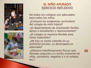EL NIÑO APURADO
          EJERCICIO REFLEXIVO

No todos los colegios son adecuados
para todos los niños:
.¿Conozco las exigencias curriculares
del colegio de mi(s) hijo(s)?
.¿El departamento de orientación facilita
apoyo a estudiantes y representantes?
.¿El colegio se muestra flexible ante
casos especiales?
.¿Mi hijo se siente cómodo en su
ambiente escolar, su desempeño es
adecuado?
.¿Observo manifestaciones físicas que
denoten angustia y/o estrés (comerse las
uñas, cansancio, negativa a ir al colegio,
etc.)
 