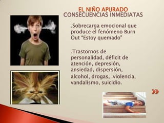 EL NIÑO APURADO
CONSECUENCIAS INMEDIATAS
  .Sobrecarga emocional que
  produce el fenómeno Burn
  Out “Estoy quemado”

  .Trastornos de
  personalidad, déficit de
  atención, depresión,
  ansiedad, dispersión,
  alcohol, drogas, violencia,
  vandalismo, suicidio.
 