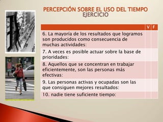 PERCEPCIÓN SOBRE EL USO DEL TIEMPO
            EJERCICIO

                                                V F
6. La mayoría de los resultados que logramos
son producidos como consecuencia de
muchas actividades:
7. A veces es posible actuar sobre la base de
prioridades:
8. Aquellos que se concentran en trabajar
eficientemente, son las personas más
efectivas:
9. Las personas activas y ocupadas son las
que consiguen mejores resultados:
10. nadie tiene suficiente tiempo:
 