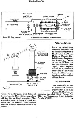 Tho Hutchison Filo




                                        tC'o^.xVftnidc                                                            «wr JNMr
                                              at dUJu
                                         apocad SU^ay*                          flfflll fcoVJ 1n ; • to : i n                      ,VT
                                          Inaufafar rtna
               iflffla cJ*afce coif
                                                                                                                             pfoittc
       w
                                                                                                                         /nírr/*Tomífer
           Ofo 400,000 VAC                                                                                                   «MMOV

                                                                                                                              T/ráo.x
       w                                                                                                                      Wthkk
                                                                                                                                a t J : ifc
                                       40 G3 maca « p a                               rtGn¿fcOs
                                                                                     coil ¿vit hngth a/ unit
                                      ûùàf^KCoatH*                *******                     4*J*na

   Figure 17, Interferometer                               j acrrroiilum ¿ryjíaJ diada wouW excife near Jfainoccrj



                                                                                                                Acknowledgments

                                                                                                        I would Eke to thank those
                                                                                                        individuals associated with
                                                                                                        Pharos Technology, the Max
                                                                    fíat afwminum rtnjgt
       coof                                                         . oa*Ai*fábJe ¿pacing               Planck Institute, Los Alamos,
                                                                                                        McDonnel Douglas, BAM
                                                                                                        Labs Germany, Fraunhofer,
                                                                                                        the Austrian and German
                                                                                                        groups, the DOD groups,
                                                                      pfaiuc pipe                       and individual Input from
                                                                                                        Japan, Greece, England,
                                                                       ahWÍ                             Canada, USA, Switzerland,
                      ptesiic
                                                                                                        France and the Yin Gazda
                       milk                                                                             totemaüoí^ filmmaker, for
                       Chilli                                             curer KT.jia
                                                                                                        the interest and support they
                                                                                                        all have shown.
                                                                          SOkVDC

                                                                                                                About the Author
              Van de Craeff *1                  Van de Graaff #2
                                                 buütlnl984         John Hutchison is the clas-
   Figure 18                                                        sic independent individual
                                                                    experimenter—a self-made
                                                                    physlcst. Mr. Hutchison con
Figure 1 7 is another pulsing circuit device I call be reached by mail at 731 5th Avenue, Apt.
the interferometer. Electrostaticswere produced 306, New Westminster, British Columbia>
with two Van de Graaff generators. When Canada, V3M 1X8.                                      »
arranged as shown in Figure I S , cool wind
effects could be produced. These machines
were used to impose an electrostatic field in the
test




                                                                 12
 