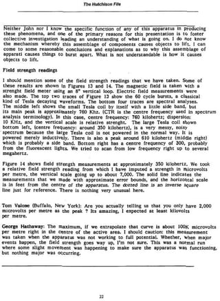 Tho Hutchison Fife




Neither John nor I know the specific function of any of this apparatus in producing
these phenomena, and one of the primary reasons for this presentation is to foster
collective investigation leading an understanding of what is going on. I do not know
the mechanism whereby this assemblage of components causes objects to lift. 1 can
come to some reasonable conclusions and explanations as to why this assemblage of
apparat! causes things to burst apart. What is not understandable is how it causes
objects to lift.

Field strength readings
I should mention some of the field strength readings that we have taken. Some of
these results are shown In Figures 13 and 14. The magnetic field is taken with a
strenght field meter using an 8" vertical loop. Electric field measurements were
also made. The top two traces of Figure 13 show the 60 cycle bursts, a classical
kind of Tesla decaying waveforms. The bottom four traces are spectral analyses.
The middle left shows the small Tesla coil by itself with a little side band, but
its main peak is approximately 760 Khz. {CTR is the centre frequency used in spectrum
analysis terminology). In this case, centre frequency: 760 kilohertz; dispersion:
10 KHz, and the vertical scale is relative strenght. The large Tesla coll shown
bottom left, (centre frequency: around 350 kilobertz), is a very messy, noisy
spectrum because the large Tesla coil is not powered in the normal way. It is
powered merely inductively. There is also a peak around 610 kilohertz (middle right)
which is probably a side band. Bottom right has a centre frequency of 300, probably
from the fluorescent lights. We tried to scan from low frequency right up to several
megahertz.

Figure 14 shows field strength measurements at approximately 350 kilohertz. We took
a relative field strength reading from which I have imputed a strength in microvolts
per metre, the vertical scale going up to about 7,000. The solid line indicates the
measurements that we made with approximate error bounds, and the horizontal scale
Is in feet from the centre of the apparatus. The dotted line is an inverse square
line just for reference. There is nothing very unusual here.

Tom Valone (Buffalo, New York): Are you actually telling us that you only have 2,000
microvolts per metre as the peak ? Its amazing, I expected at least kilovolts
per metre.

George Hathaway: The maximum, if we extrapolate that curve is about 100K microvolts
per metre right in the centre of the active area. I should caution; this measurement
was taken when the apparatus was not working to full potential. Whether, when major
events happen, the field strength goes way up, I'm not sure. This was a normal run
where some slight movement was happening to make sure the apparatus was functioning,
but nothing major was occurring.




                                        22
 