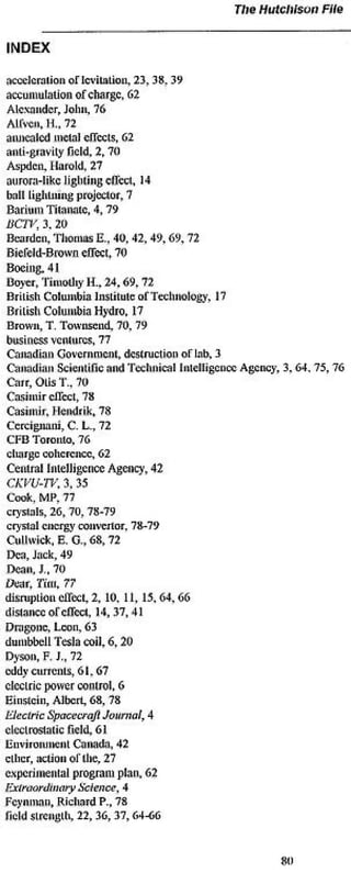 The Hutchison File


INDEX

acceleration or Icvitaliou, 23,38,39
accumulation of charge, 62
Alexander, John, 76
Alton, ft. 72
animated metal effects, 62
anti-8mvilyfjdd»2,70
Aspden, Harold. 27
aurora-like lighting d i e d , 14
ball lightning projector, 7
Barium Titanatc, 4,79
tfCTV, 3. 20
Bearden, TJwmas E., 40, 42,49,69, 72
BiefekhBiwn effect, 70
Boeing. 41
Boycr, Timothy H., 24,69, 72
British Columbia Institute of Technology, 17
British Columbia Hydro» 17
Brown, X Townscud, 70, 79
business ventures, 77
Canadian Government» destruction or lab, 3
Canadian Scientific and Technical Intelligence Agency, 3,64.75,76
Cair, Otis T., 70
Casimir effect, 78
Casimir, Hend"k. 78
Ccccignuii^C. L.,72
CFB Toronto, 76
etiarge coherence, 62
Cendal Intelligence Agency, 42
CKVU-TV. X 35
Cook. MP, 77
crystals, 26,70,73-79
crystal energy convenor. 78-79
Cullwick.E.G-,68,72
Dca, Jack, 49
Dean, J., 70
Dear, Tit», 77
disruption effect, 2, 10, 11,15,64,66
distance or effect 14.37,41
Dragonc, Leon, 63
dumbbell Tcsla coil, 6,20
Dyson, F, J., 72
eddy currents, 61,67
electric power control. 6
Einstein, Albert, 68, 78
iüeclric Spacecraft Journalf 4
electrostatic field, 61
Euviroiuncnt Canada, 42
ether, action ol* the» 27
experimental program plan, 62
lixtraerdhiory Science, 4
Feynman» Richard P., 78
field strength, 22,36, 37,64-66
 