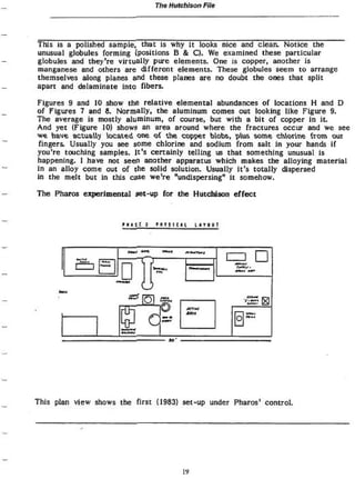 The Hutchison Fife
This is a polished sample, that is why it looks nice and clean. Notice the
unusual globules forming (positions B & C). We examined these particular
globules and they're virtually pure elements- One is copper, another Is
manganese and others are different elements. These globules seem to arrange
themselves along planes and these pïanes are no doubt the ones that split
apart and delaminate into fibers.
Figures 9 and 10 show the relative elemental abundances of locations H and D
of Figures 7 and 8. Normally, the aluminum comes out looking like Figure 9.
The average is mostly aluminum, of course, but with a bit of copper in it.
And yet (Figure 10) shows an area around where the fractures occur and we see
we have actually located one of the copper blobs, plus some chlorine from our
fingers. Usually you see some chlorine and sodium from salt in your hands if
you're teaching samples. It's certainly telling us that something unusual is
happening. I have not seen another apparatus which makes the alloying material
In an alloy come out of the solid solution. Usually It's totally dispersed
in the melt but In this esse we're "undispersing" it somehow.
The Pharos experimental $et-up for the Hutchison effect
r I M t 1 P R T l l | 1 L L M t U t
**'
This plan view shows the first (1983) set-up under Pharos* control.
IV
 