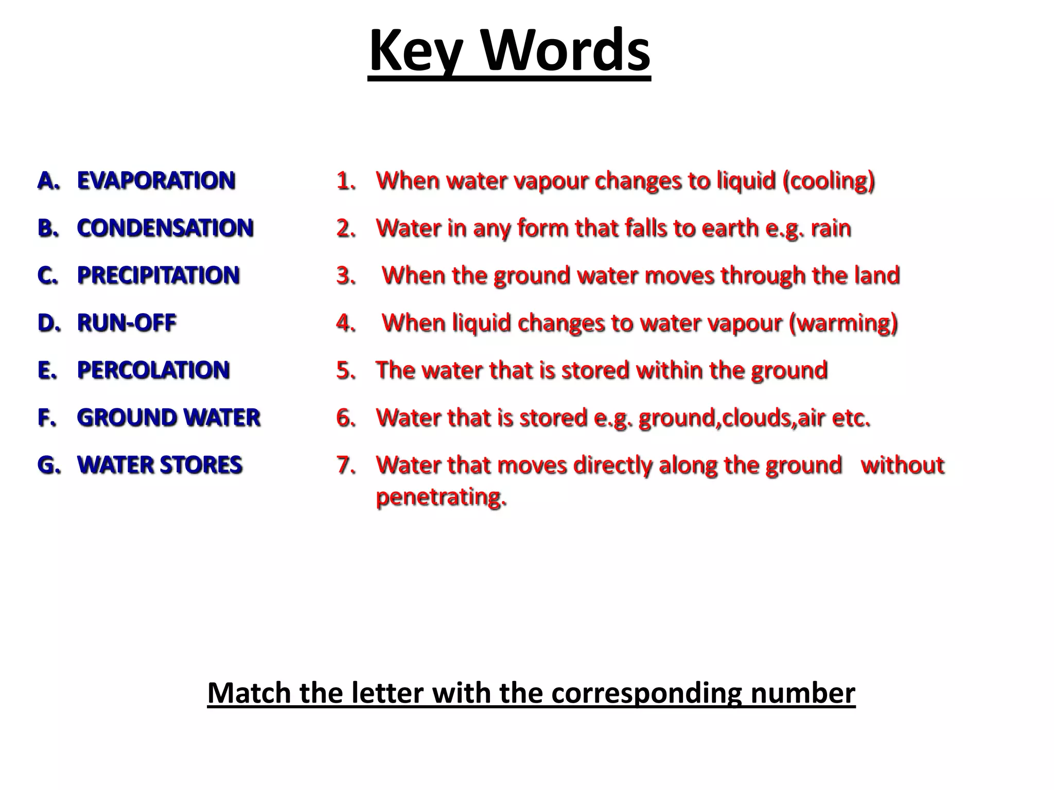 Key Words
A. EVAPORATION        1. When water vapour changes to liquid (cooling)
B. CONDENSATION       2. Water in any form that falls to earth e.g. rain
C. PRECIPITATION      3. When the ground water moves through the land
D. RUN-OFF            4. When liquid changes to water vapour (warming)
E. PERCOLATION        5. The water that is stored within the ground
F. GROUND WATER       6. Water that is stored e.g. ground,clouds,air etc.
G. WATER STORES       7. Water that moves directly along the ground without
                         penetrating.




             Match the letter with the corresponding number
 
