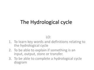 The Hydrological cycle

                        LO:
1. To learn key words and definitions relating to
   the hydrological cycle
2. To be able to explain if something is an
   input, output, store or transfer.
3. To be able to complete a hydrological cycle
   diagram
 