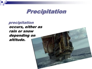 Precipitation
precipitation
occurs, either as
rain or snow
depending on
altitude.
 