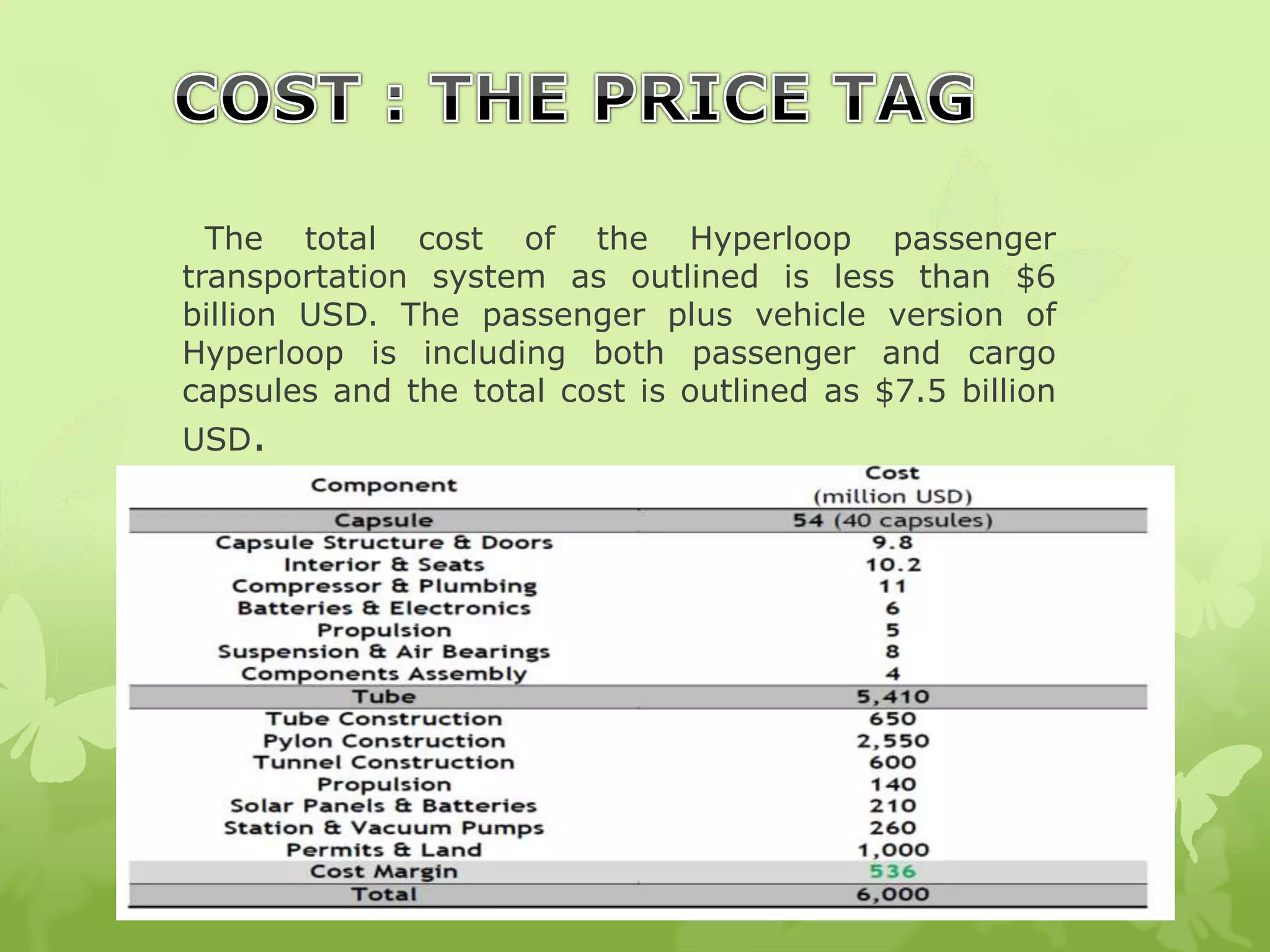 The total cost of the Hyperloop passenger
transportation system as outlined is less than $6
billion USD. The passenger plus vehicle version of
Hyperloop is including both passenger and cargo
capsules and the total cost is outlined as $7.5 billion
USD.
 