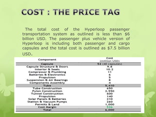 The total cost of the Hyperloop passenger
transportation system as outlined is less than $6
billion USD. The passenger plus vehicle version of
Hyperloop is including both passenger and cargo
capsules and the total cost is outlined as $7.5 billion
USD.
 