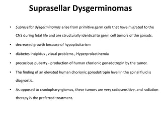 Suprasellar Dysgerminomas
• Suprasellar dysgerminomas arise from primitive germ cells that have migrated to the
CNS during fetal life and are structurally identical to germ cell tumors of the gonads.
• decreased growth because of hypopituitarism
• diabetes insipidus , visual problems , Hyperprolactinemia
• precocious puberty - production of human chorionic gonadotropin by the tumor.
• The finding of an elevated human chorionic gonadotropin level in the spinal fluid is
diagnostic.
• As opposed to craniopharyngiomas, these tumors are very radiosensitive, and radiation
therapy is the preferred treatment.
 