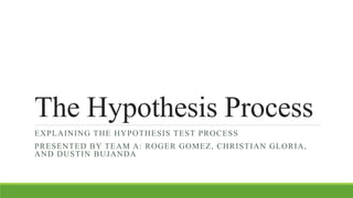 The Hypothesis Process
EXPLAINING THE HYPOTHESIS TEST PROCESS
PRESENTED BY TEAM A: ROGER GOMEZ, CHRISTIAN GLORIA,
AND DUSTIN BUJANDA
 