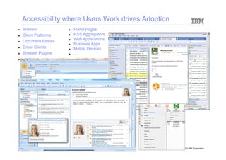 Accessibility where Users Work drives Adoption
l    Browser            l    Portal Pages
l    Client Platforms   l    RSS Aggregators
                         l    Web Applications
l    Document Editors
                         l    Business Apps
l    Email Clients      l    Mobile Devices
l    Browser Plugins    l    ...
l    ...




                                                       © 2010 IBM Corporation
 