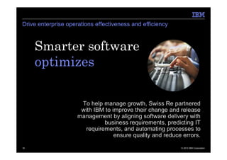 Drive enterprise operations effectiveness and efficiency



     Smarter software
     optimizes.

                      To help manage growth, Swiss Re partnered
                      with IBM to improve their change and release
                     management by aligning software delivery with
                              business requirements, predicting IT
                       requirements, and automating processes to
                                   ensure quality and reduce errors.

18                                                          © 2010 IBM Corporation
 