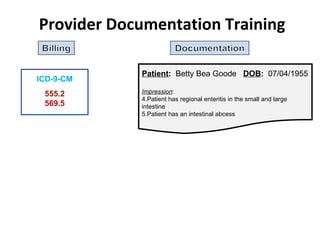 Provider Documentation Training  ICD-9-CM 555.2 569.5 Patient :   Betty Bea Goode  DOB :   07/04/1955 Impression :  Patient has regional enteritis in the small and large intestine Patient has an intestinal abcess 