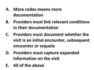 More codes means more documentation Providers must link relevant conditions in their documentation Providers must document whether the visit is an initial encounter, subsequent encounter or sequela Providers must capture expanded information on the visit All of the above 