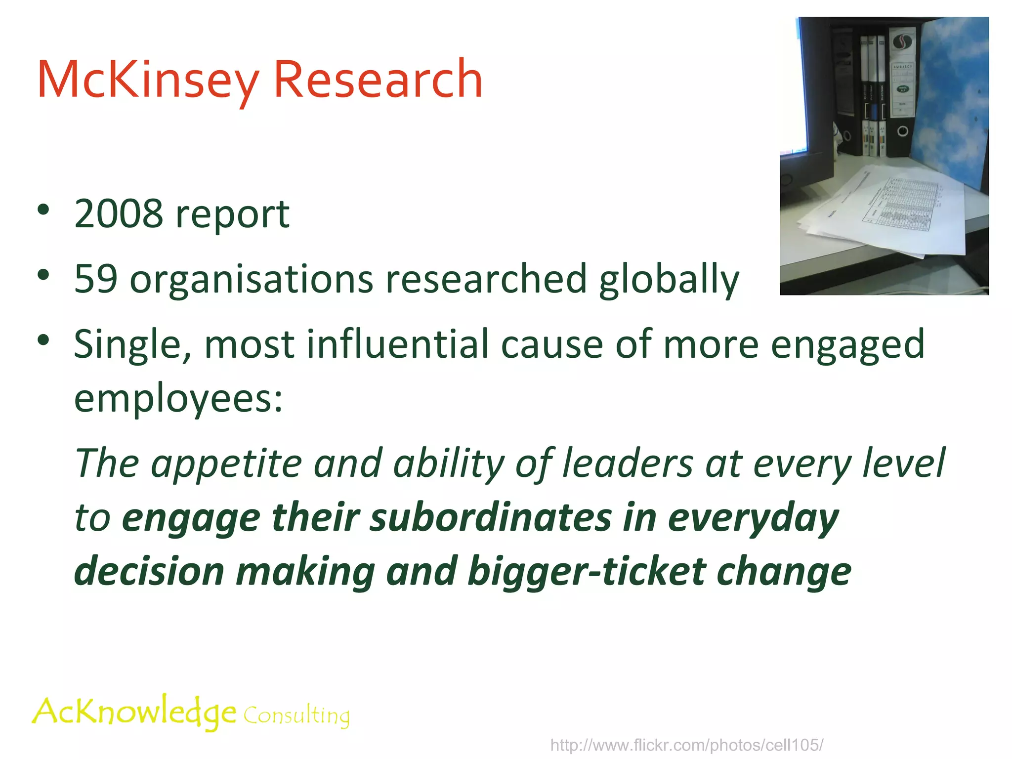Organisations are complex Dynamic, with rich interactions Different people operating at different levels Feedback Non-linear, unpredictable Emergent  characteristics Whole different to sum of parts Small changes can have large impacts History can make a difference http://www.flickr.com/photos/randysonofrobert/ 