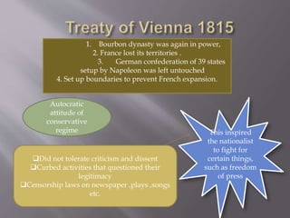1. Bourbon dynasty was again in power,
2. France lost its territories .
3. German confederation of 39 states
setup by Napoleon was left untouched
4. Set up boundaries to prevent French expansion.
Autocratic
attitude of
conservative
regime
Did not tolerate criticism and dissent
Curbed activities that questioned their
legitimacy
Censorship laws on newspaper ,plays ,songs
etc.
This inspired
the nationalist
to fight for
certain things,
such as freedom
of press
 