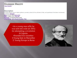 Giuseppe Mazzini
Italian Politician
Description
Giuseppe Mazzini was an Italian politician, journalist, activist for the unification of Italy, and spearhead of the Italian revolutionary
movement. Wikipedia
Born: 22 June 1805, Genoa, Italy
Died: 10 March 1872, Pisa, Italy
Nickname: The Beating Heart of Italy
Influenced by: Jean-Jacques Rousseau, Plato,
•As a young man of24, he
was sent into exile (in 1831)
for attempting a revolution
in Liguria.
•Founded two societies-
1.Young Italy in Marseilles
2. Young Europe in Berne
 