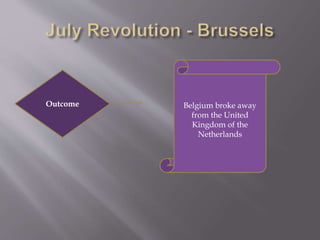 Belgium broke away
from the United
Kingdom of the
Netherlands
Outcome
 