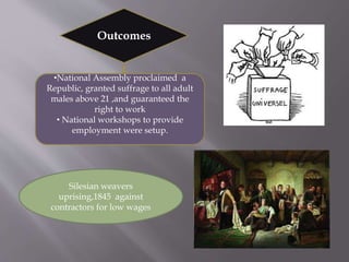 Outcomes
•National Assembly proclaimed a
Republic, granted suffrage to all adult
males above 21 ,and guaranteed the
right to work
• National workshops to provide
employment were setup.
Silesian weavers
uprising,1845 against
contractors for low wages
 