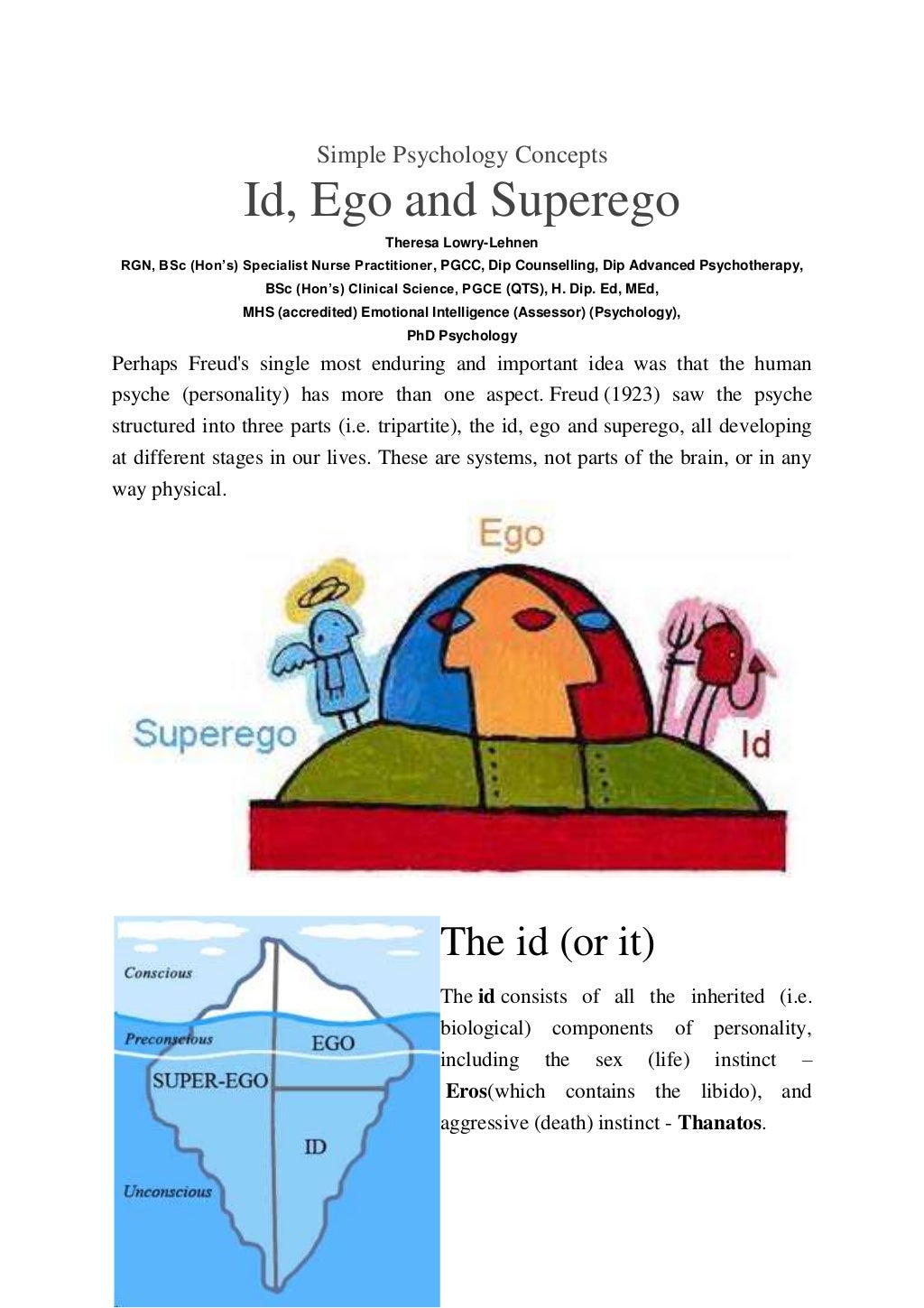 Id, Ego, Superego. By Theresa LowryLehnen. Lecturer of Psychology