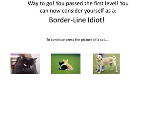 Way to go! You passed the first level! You
can now consider yourself as a:
Border-Line Idiot!
To continue press the picture of a cat….
 