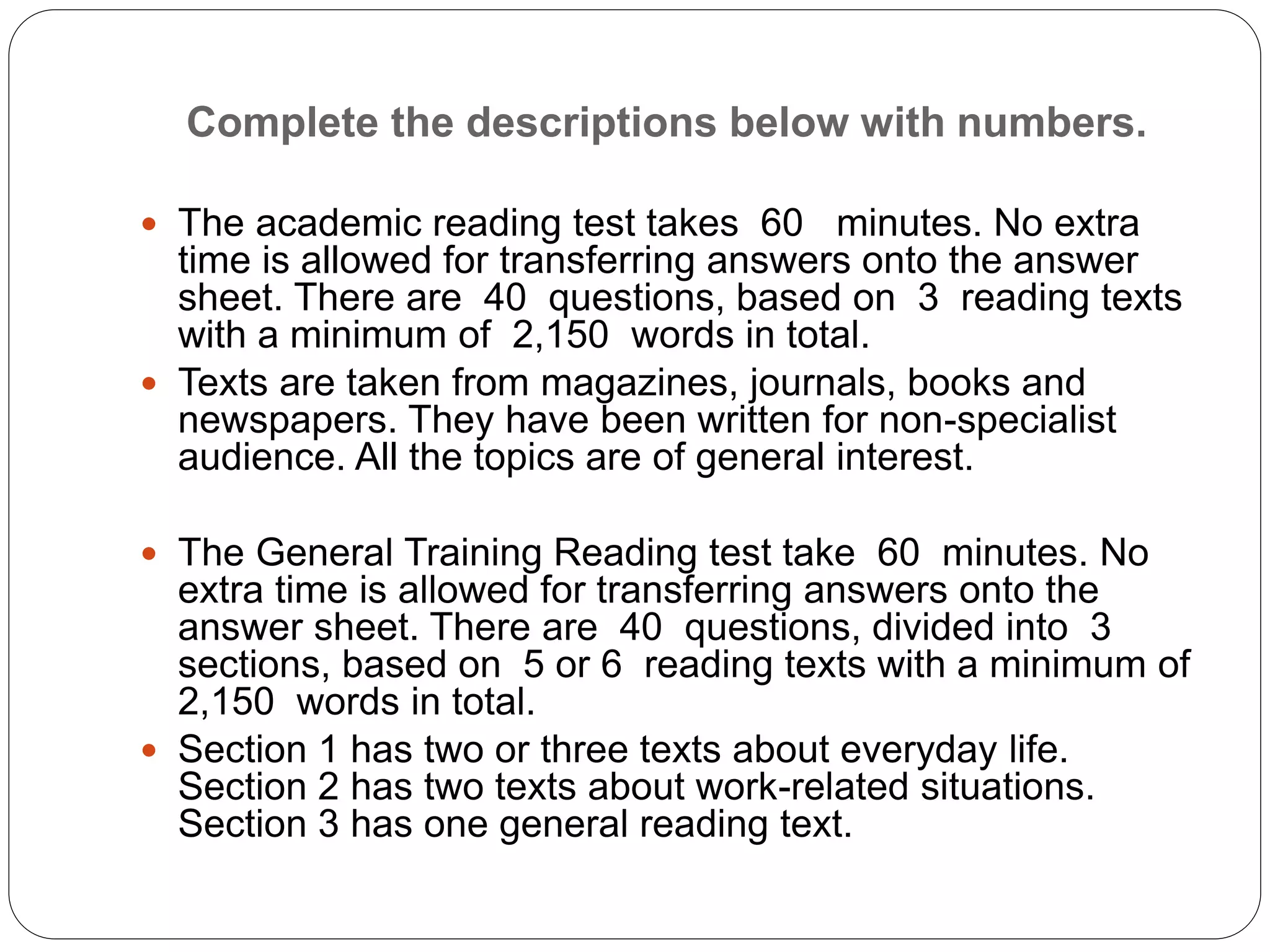 The ielts test. reading | PPTX