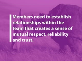 Members need to establish 
relationships within the 
team that creates a sense of 
mutual respect, reliability 
and trust. 
 