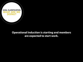 GOAL CLARIFICATION 
WHAT ARE WE 
DOING? 
Operational Induction is starting and members 
are expected to start work. 
 