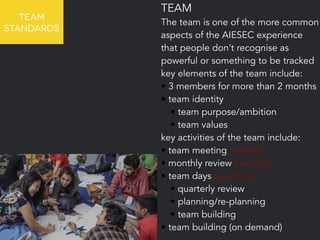 TEAM 
STANDARDS 
TEAM 
The team is one of the more common 
aspects of the AIESEC experience 
that people don’t recognise as 
powerful or something to be tracked 
key elements of the team include: 
• 3 members for more than 2 months 
• team identity 
• team purpose/ambition 
• team values 
key activities of the team include: 
• team meeting (weekly) 
• monthly review (monthly) 
• team days (quarterly) 
• quarterly review 
• planning/re-planning 
• team building 
• team building (on demand) 
 