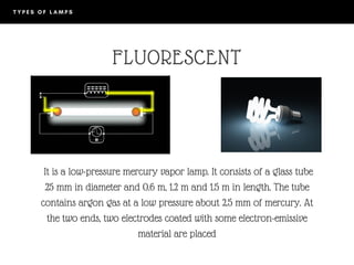 T Y P E S O F L A M P S  
FLUORESCENT
It is a low-pressure mercury vapor lamp. It consists of a glass tube
25 mm in diameter and 0.6 m, 1.2 m and 1.5 m in length. The tube
contains argon gas at a low pressure about 2.5 mm of mercury. At
the two ends, two electrodes coated with some electron-emissive
material are placed
 