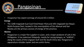 • Pangasinan has export earnings of around $5.5 million.
Energy
• The 1200 megawatt Sual Coal-Fired Power Plant,and 345 megawatt San Roque
Multi-Purpose Dam, located in the municipalities of San Manuel and San
Nicolas are the primary sources of energy of the province.
Marine
• Pangasinan is a major fish supplier in Luzon, and a major producer of salt in the
Philippines. It has extensive fishponds, mostly for raising bangus, or "milkfish",
along the coasts of the Lingayen Gulf and the South China Sea. Pangasinan's
aquaculture includes oyster and sea urchin farms.
Pangasinan
 