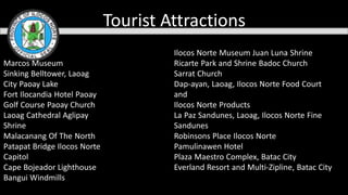Tourist Attractions
Marcos Museum
Sinking Belltower, Laoag
City Paoay Lake
Fort Ilocandia Hotel Paoay
Golf Course Paoay Church
Laoag Cathedral Aglipay
Shrine
Malacanang Of The North
Patapat Bridge Ilocos Norte
Capitol
Cape Bojeador Lighthouse
Bangui Windmills
Ilocos Norte Museum Juan Luna Shrine
Ricarte Park and Shrine Badoc Church
Sarrat Church
Dap-ayan, Laoag, Ilocos Norte Food Court
and
Ilocos Norte Products
La Paz Sandunes, Laoag, Ilocos Norte Fine
Sandunes
Robinsons Place Ilocos Norte
Pamulinawen Hotel
Plaza Maestro Complex, Batac City
Everland Resort and Multi-Zipline, Batac City
 