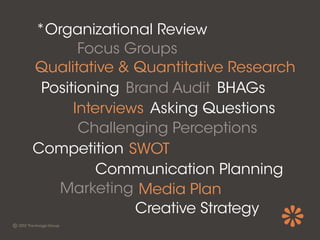 *Organizational Review
       Focus Groups
Qualitative & Quantitative Research
 Positioning Brand Audit BHAGs
      Interviews Asking Questions
       Challenging Perceptions
Competition SWOT
          Communication Planning
   Marketing Media Plan
               Creative Strategy
 
