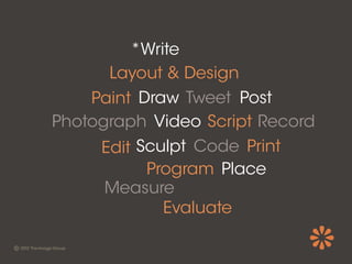 *Write
      Layout & Design
    Paint Draw Tweet Post
Photograph Video Script Record
     Edit Sculpt Code Print
           Program Place
      Measure
             Evaluate
 